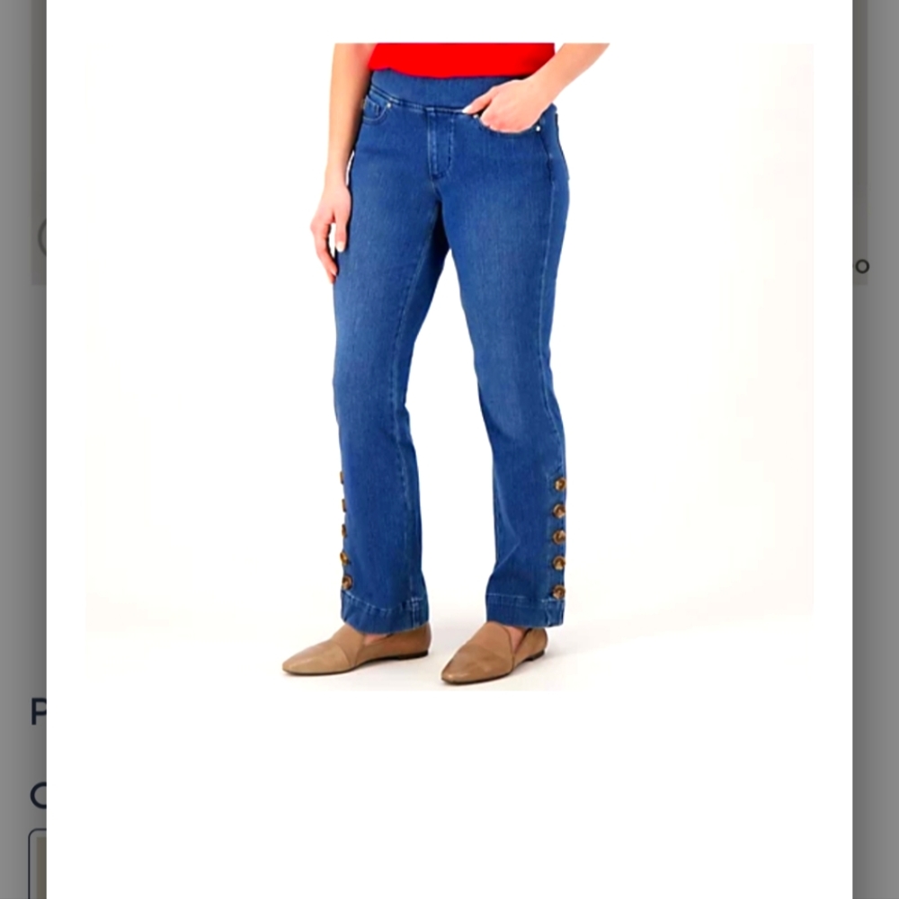QVC Belle By Kim Gravel Flexibelle Flare Jean w/ Horn Buttons Rinse Wash Plus26